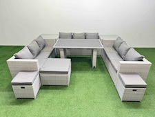 Fimous Patio Outdoor Garden Furniture Sets with Black Glass Top Dining Table 3 Seater Sofa 2 Side Tables 3 Stool Light Grey