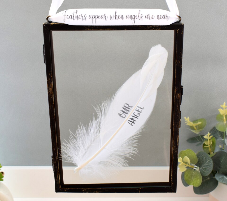 image 1 of Our Angel In Memory of Real feather Floating Picture Frame. Memorial