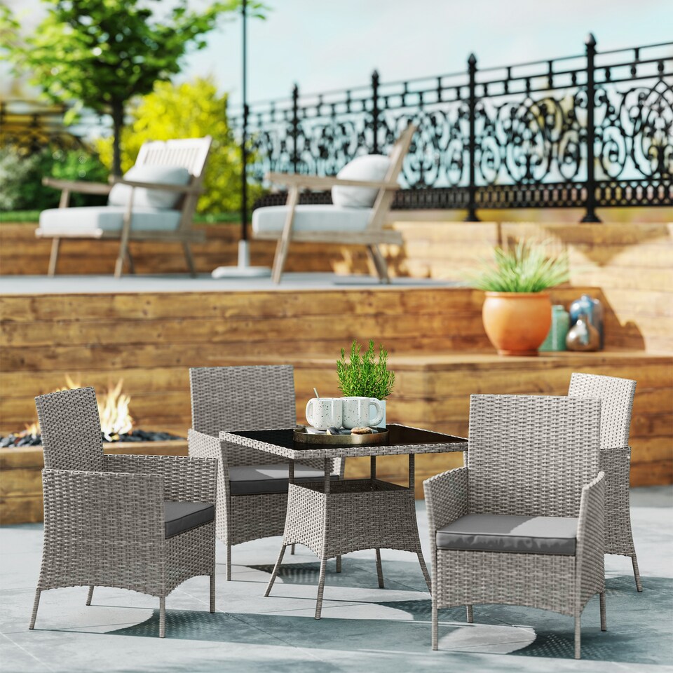 image 1 of Outsunny Rattan Outdoor Dining Table and Chairs for 4, Light Grey