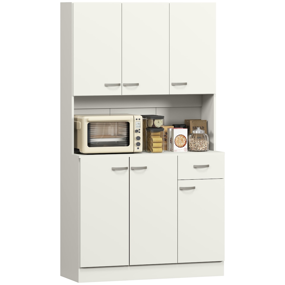 image 1 of HOMCOM 180cm Tall Kitchen Cupboard, Freestanding Kitchen Storage Cabinet with 6 Doors, Drawer, Adjustable Shelves and Open Countertop for Dining Room, Cream White | Cream | Cream