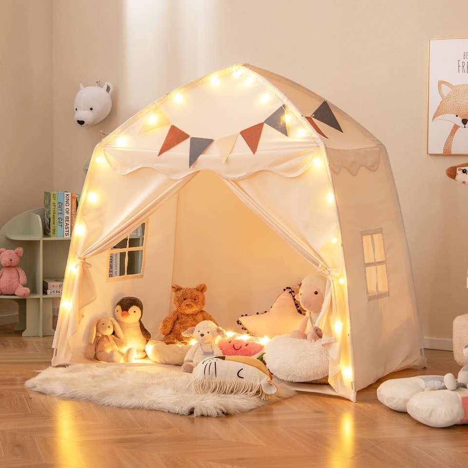 image 1 of COSTWAY Kids Play Tent Indoor & Outdoor Extra Large Playhouse Tent-Beige