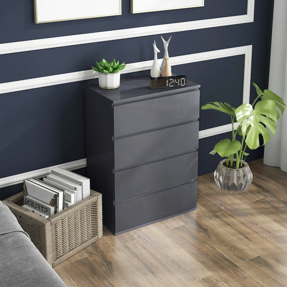 image 1 of HOMCOM Bedroom Chest of Drawers, High Gloss 4 Drawers Dresser, Grey