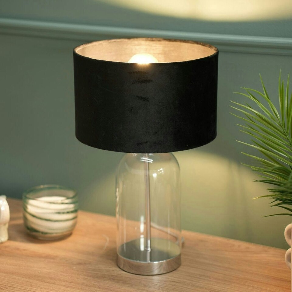 image 1 of ValueLights Jessy Glass and Silver Chrome Metal Bedside Table Lamp with a Black Velvet Lampshade - Bulb Included