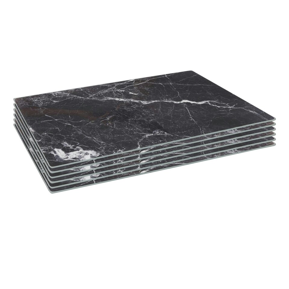 image 1 of Harbour Housewares Glass Placemats - Black Marble - 6pc - 40 x 30cm - Heat-Resistant Table Set Black