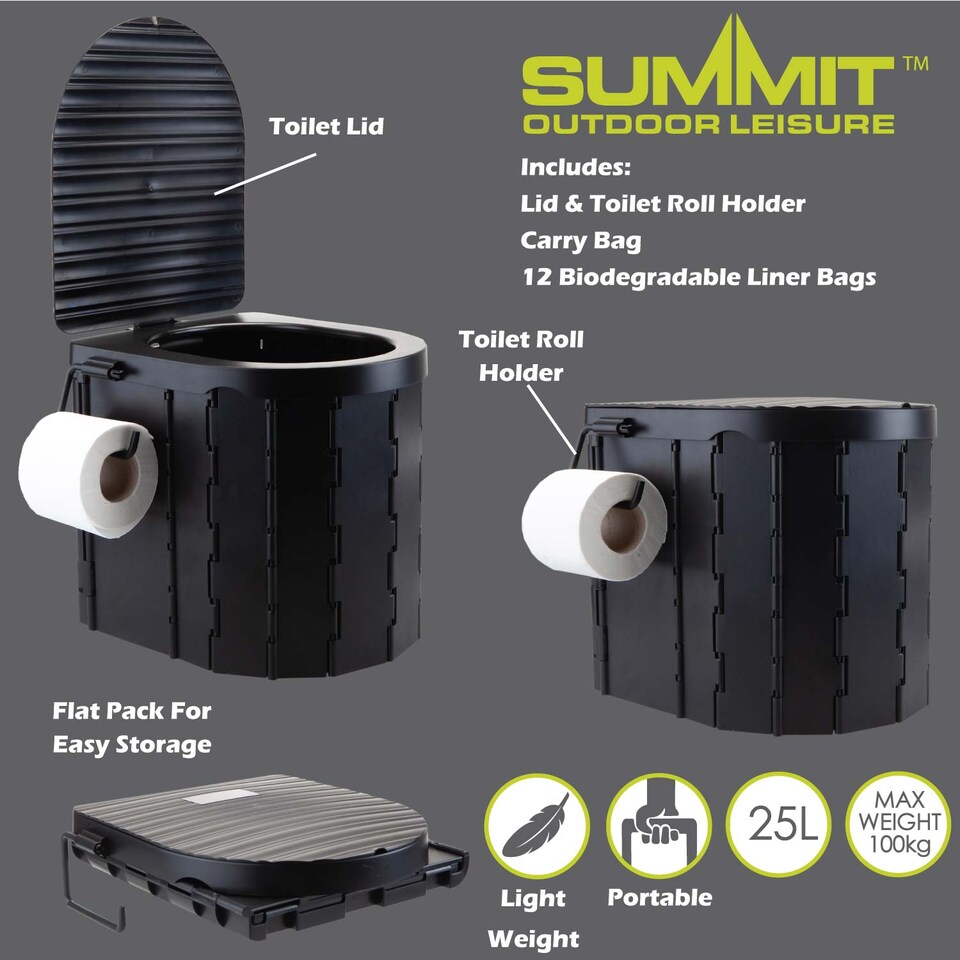 image 1 of vfm-estore Camping Folding Portable Toilet with Lid Black - Collapsible D-Shaped Seat