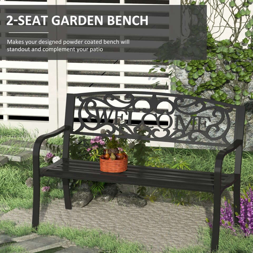 image 1 of Outsunny Garden Bench, Metal Outdoor Bench Seat, 2 Seater Patio Loveseat with Welcome Backrest, Armrests and Slatted Seat, 240 KG Capacity for Park, Porch, Black