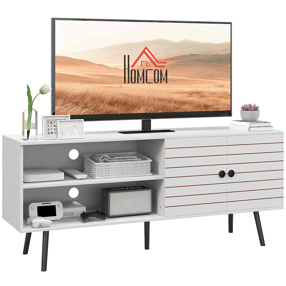 image 1 of HOMCOM TV Stand Cabinet for 65 Inch TVs, TV Unit with Open Shelves, Soft-close Door and Cable Holes, Entertainment Unit for Living Room, White