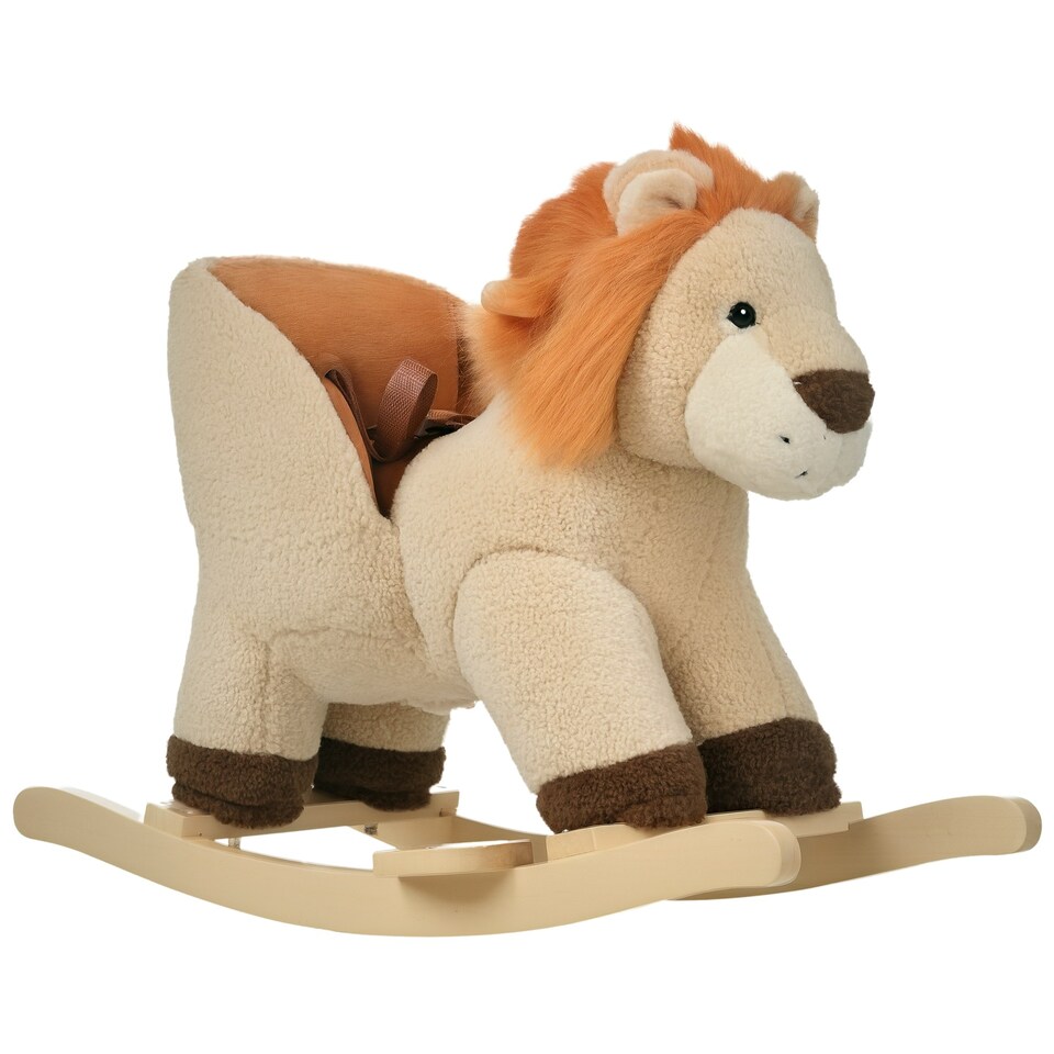 image 1 of HOMCOM Kids Rocking Lion Plush Ride On Seat w/ Sound Button Wood Base Seat Belt