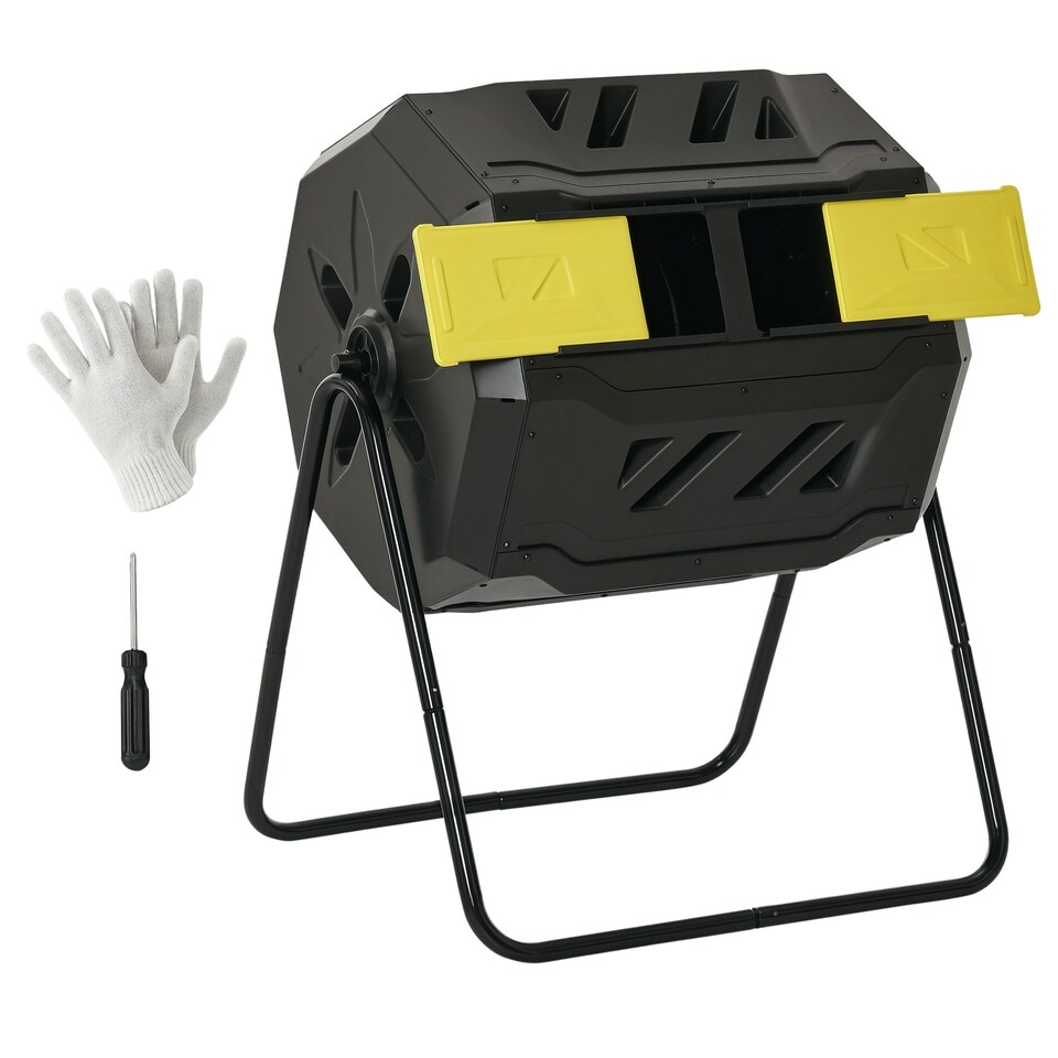 image 1 of Outsunny 160L Outdoor Tumbling Compost Bin with Dual Chamber Yellow | Yellow | One Size