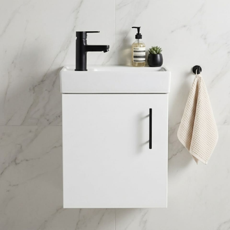 image 1 of Balterley Floor Standing Vanity Basin 400mm Gloss White & Matt Black Handle