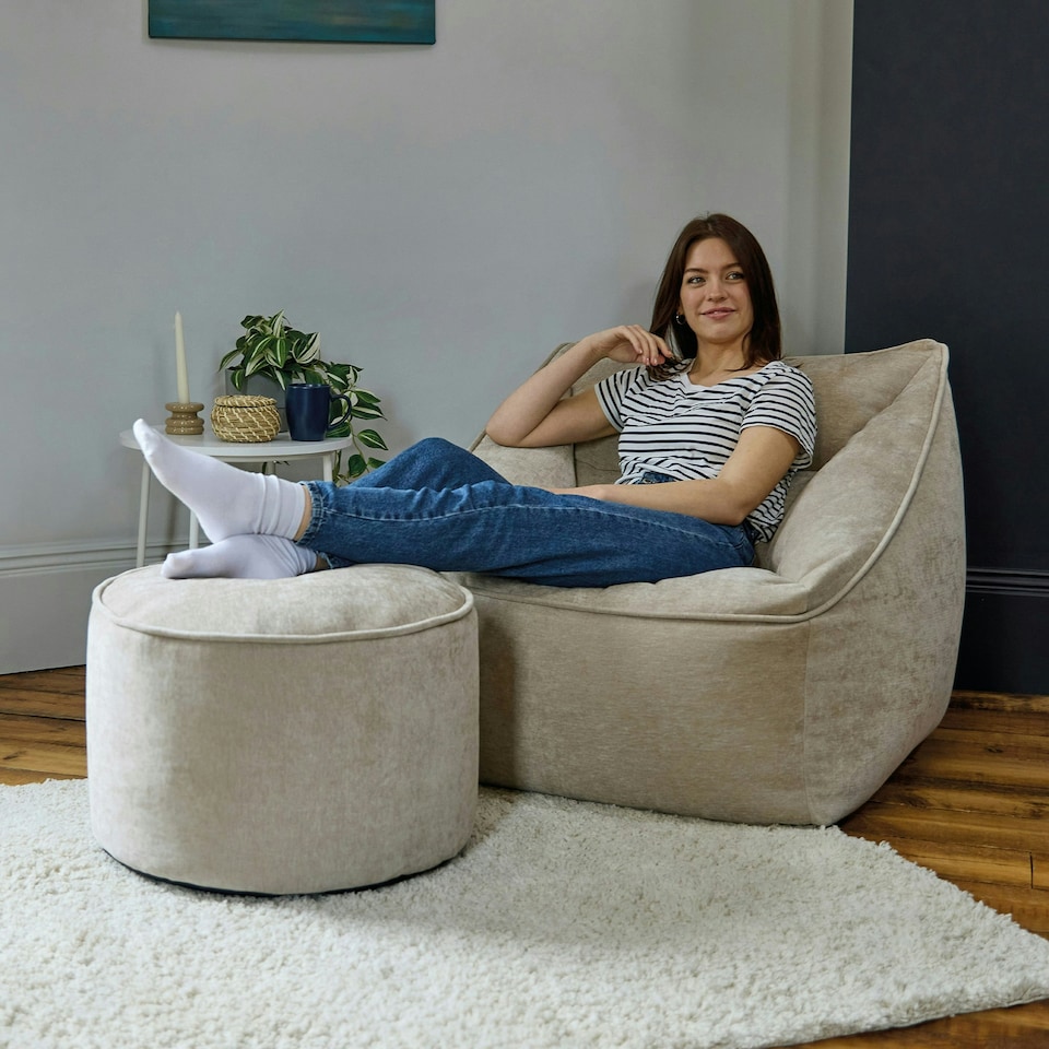 image 1 of icon Natalia Chenille Adults Bean Bag Armchair and Pouffe, Ready Filled Large Beanbag and Footstool Natural Beige Cream | Cream