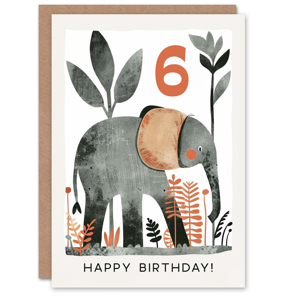 image 1 of Elephant Safari Nature Animal Cartoon Cute 6th 6 Year Old Child Kids Birthday Card