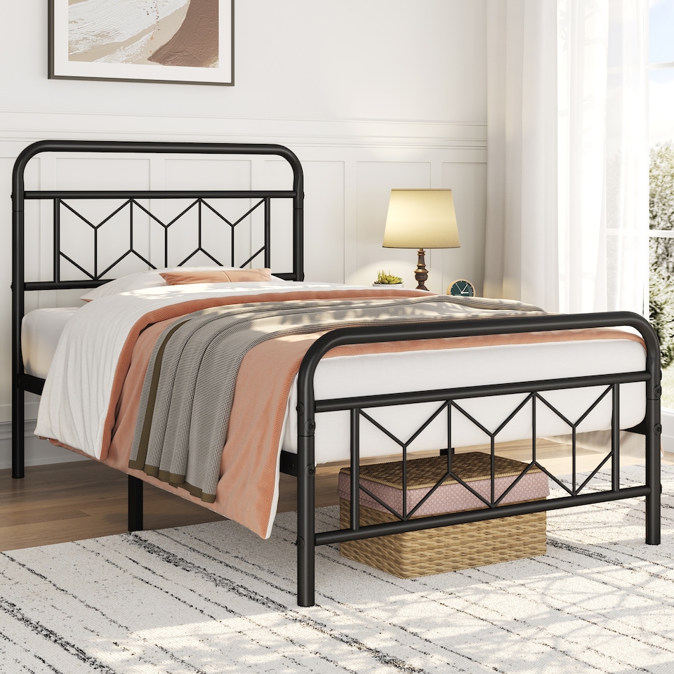 image 1 of Yaheetech 3ft Single Metal Bed Frame with Diamond Pattern Headboard, 32cm Underbed Storage, No Box Spring Needed, Black