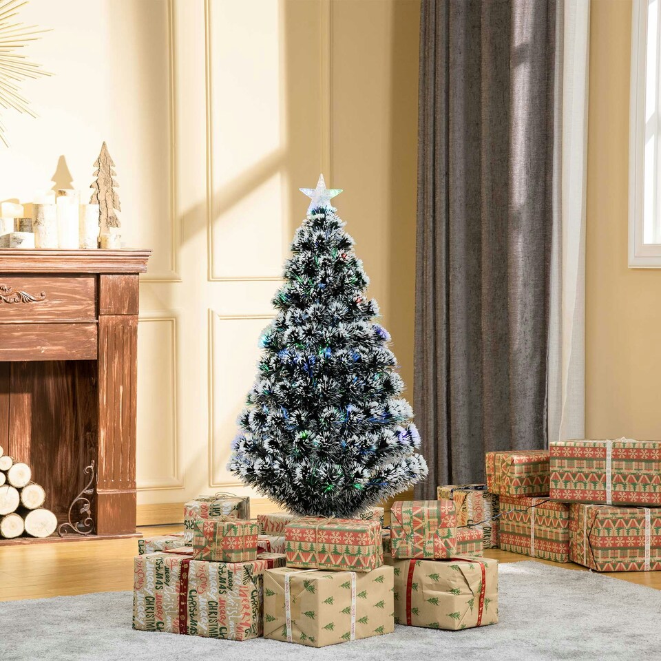 image 1 of HOMCOM 4ft Artificial Prelit Christmas Tree, Snow Xmas Tree w/ Fiber Optic