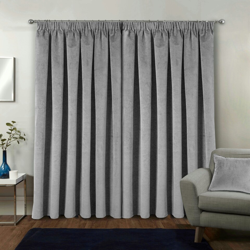 image 1 of Oxford Grey Velvet Curtains 66 x 90 inch (168 x 229 cm) 100% Blackout Pencil Pleat Thermal Noise Reducing Curtains for Bedroom and Living Room
