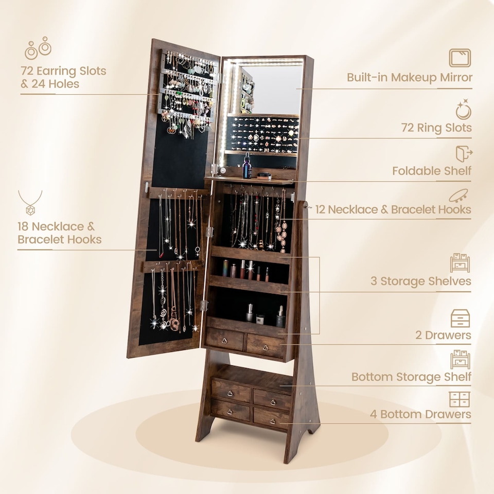 image 1 of COSTWAY Freestanding Jewelry Cabinet Floor Jewelry Armoire Organizer