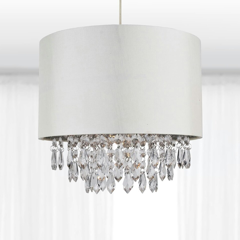 image 1 of First Choice Lighting Set of 2 300mm Cream Faux Silk Ceiling Adjustable Flush Shade with Chrome Inner and Clear Droplets Chrome | Cream