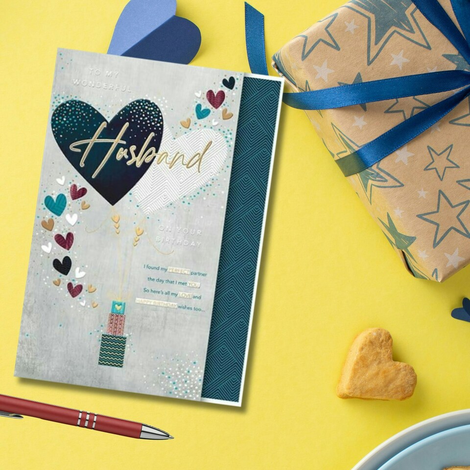image 1 of Words 'n' Wishes Wonderful Husband Large Birthday Card, Heart Balloons with Embossed Foiled Finish