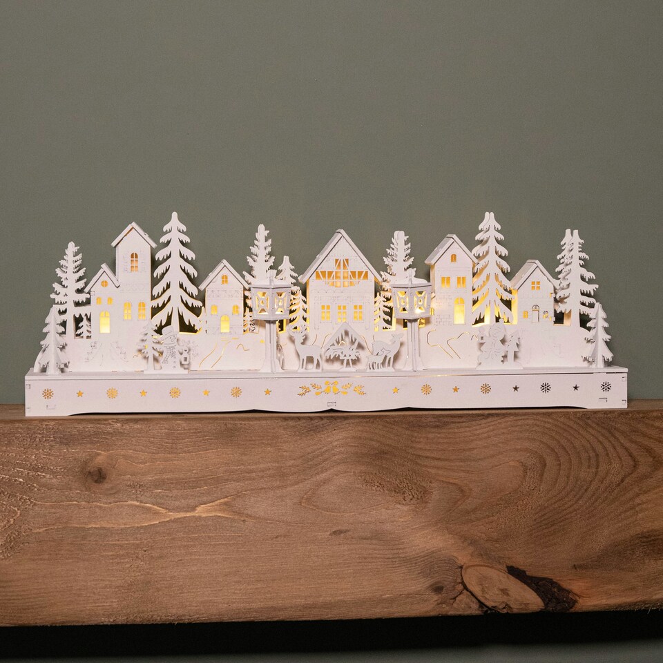 image 1 of 15cm Battery Operated Light up Wooden House Scene with 15 Warm White LEDs