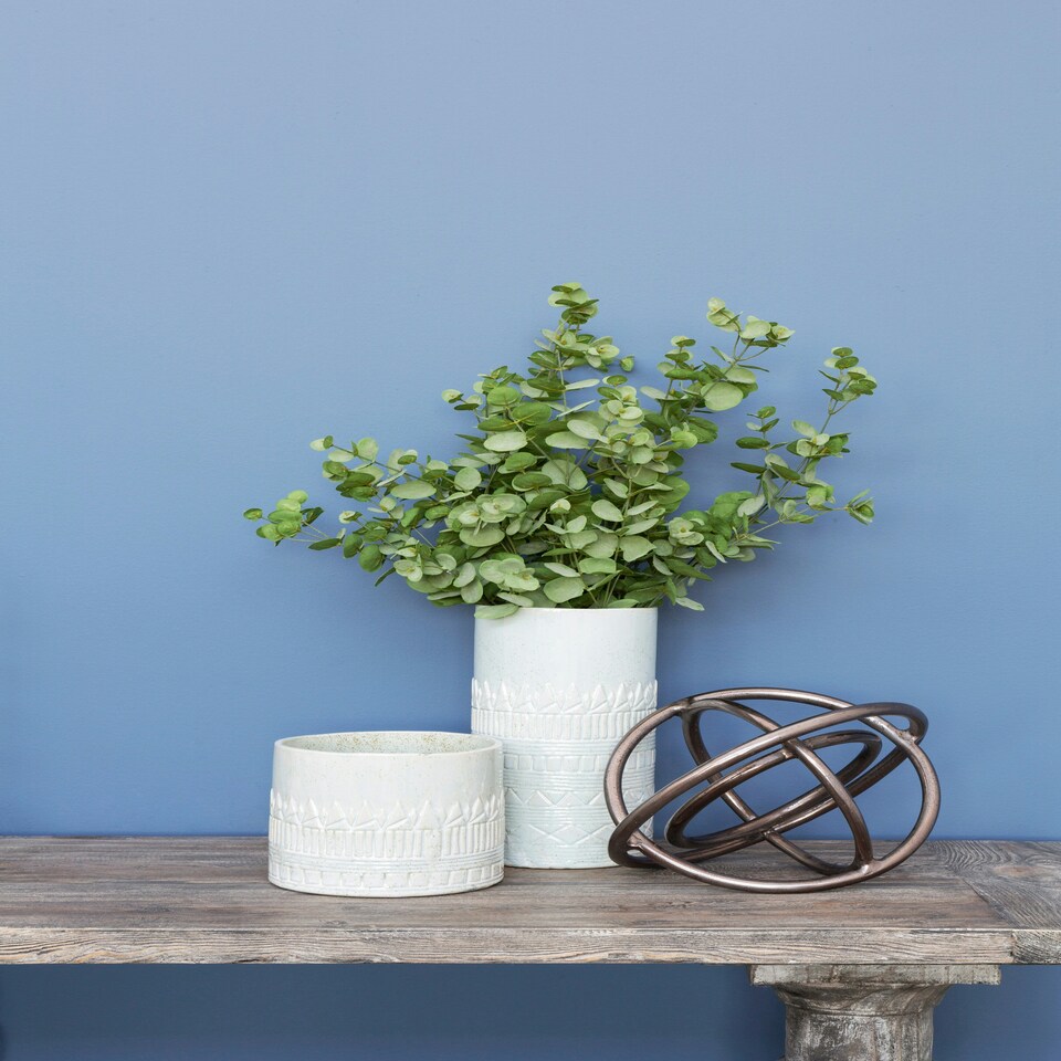 image 1 of Interiors by Premier Small Ceramic Planter with Embossed Pattern and Tribal Design, Modern Indoor Planter for Living Room Green