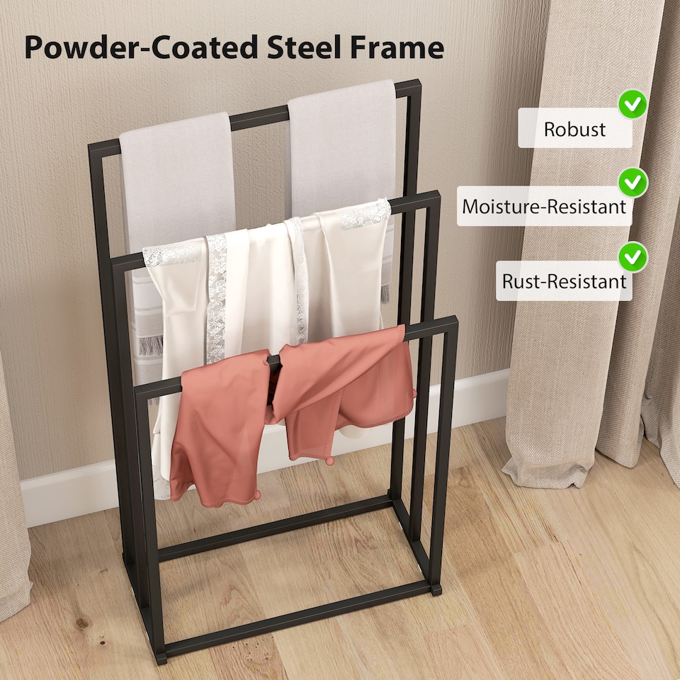 image 1 of HOMCOM Freestanding Towel Rack, Steel Towel Rail Holder with 3 Bars, Black