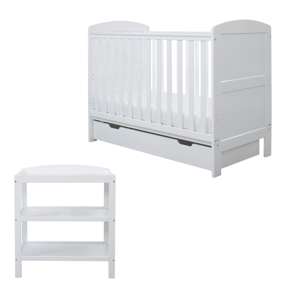 image 1 of Coleby Mini 2 Piece Furniture Set - Suitable from Birth to 4 Years, Open Changer, Under Drawer & Premium Sprung Mattress - (White)