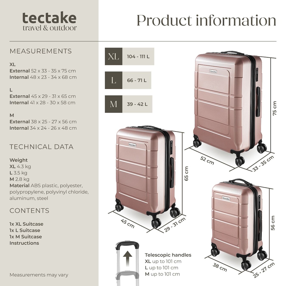 image 1 of Suitcase Luggage Set - L, M and S sizes, ABS plastic, swivel wheels, combination lock | Gold | rose gold | 1