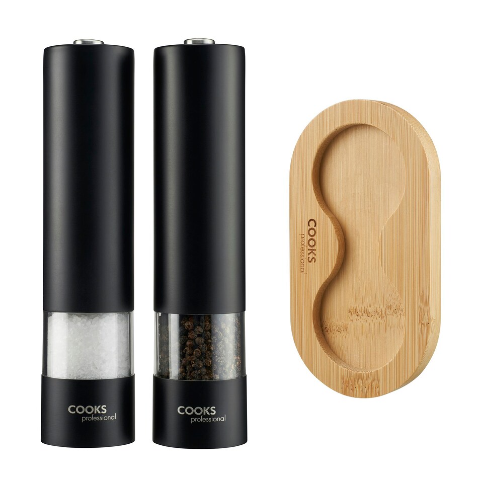 image 1 of Cooks Professional Electric Salt & Pepper Mill Set with Bamboo Base | Adjustable Grind Settings | Simple One-Button Operation | Matt Black / Bamboo