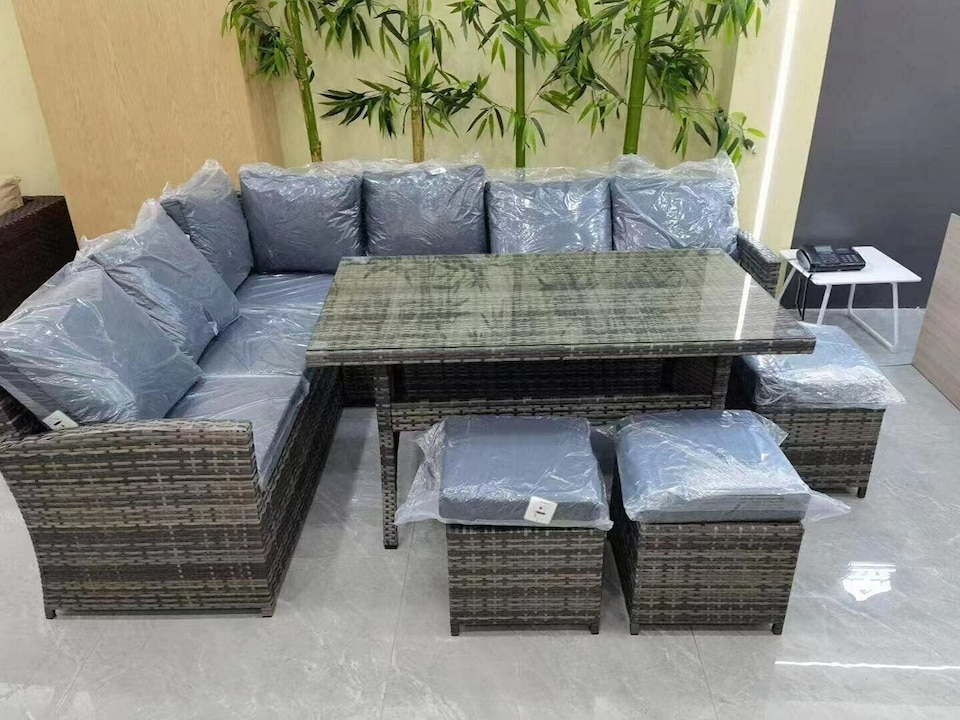 image 1 of Furniture One Rattan Effect Grey 9 Seater Table and Chair Dining Sofa Set Patio Outdoor Sofa
