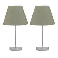 Set of 2 Chrome Stick Table Lamps with Sage Green Fabric Shades Chrome | Green