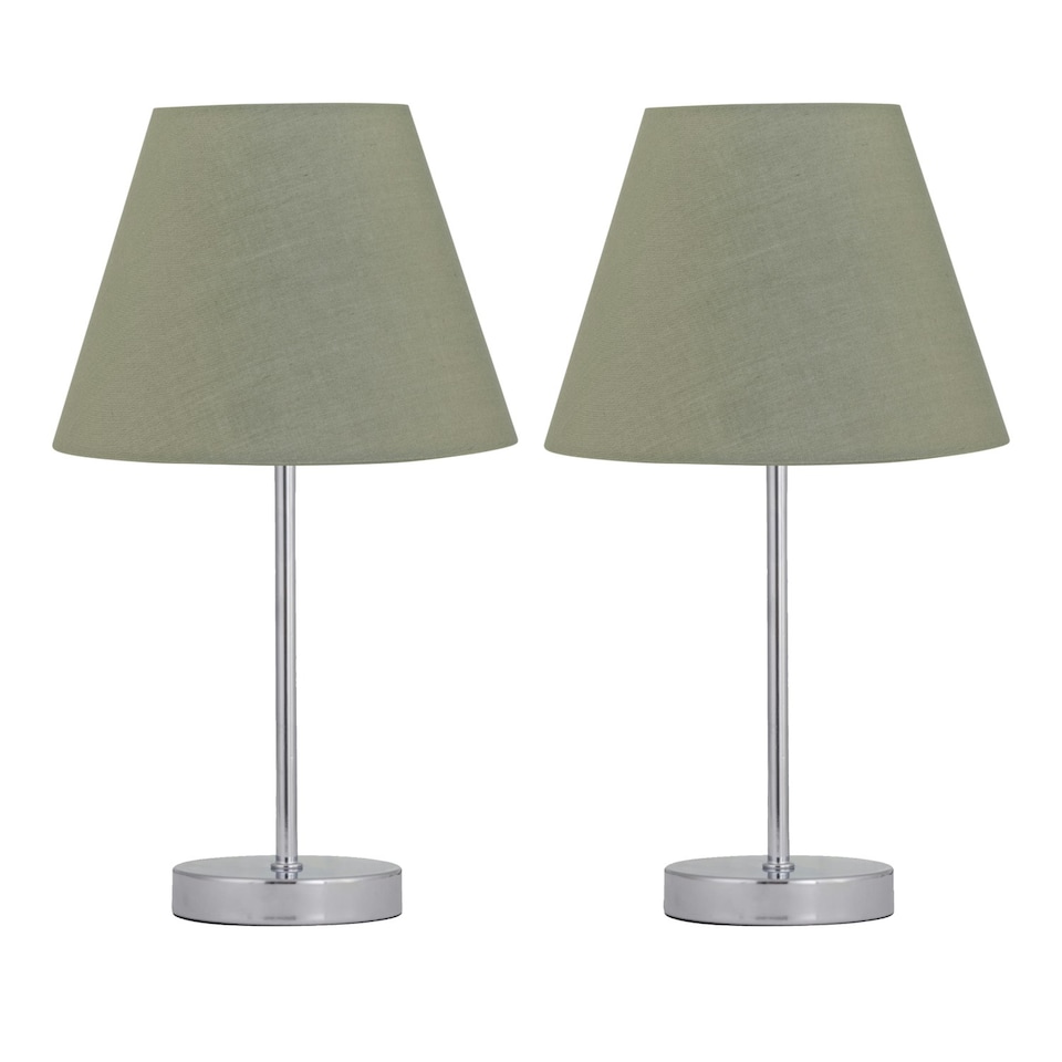 image 1 of Set of 2 Chrome Stick Table Lamps with Sage Green Fabric Shades Chrome | Green