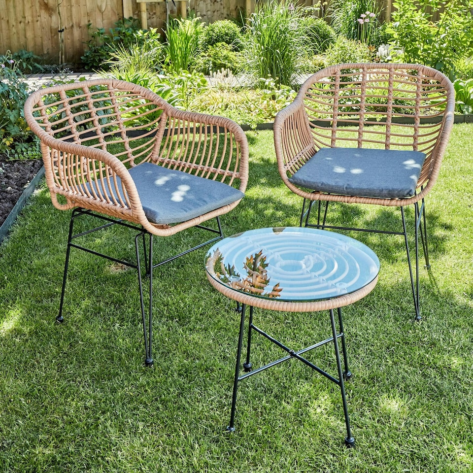 image 1 of Bistro Set Natural Wicker Frame Black Steel Leg Glass Tabletop Outdoor Furniture Brown