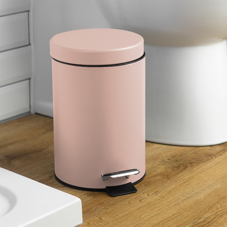 image 1 of Harbour Housewares Bathroom Pedal Bin - 3L - Matt Pink - Round Stainless Steel Slim Rubbish Dustbin Lid and Inner Liner Bucket