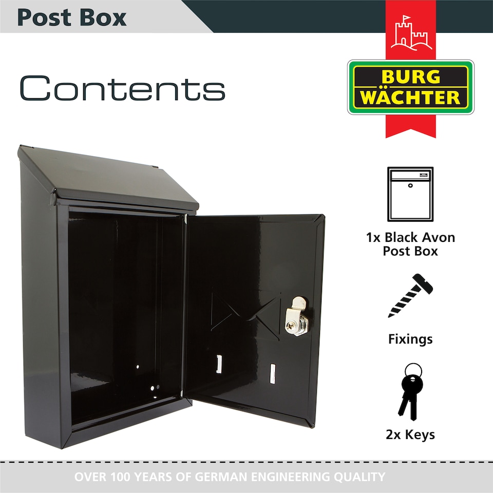 image 1 of Burg-Wachter Black Avon Dual Entry Wall Mounted Galvanised Steel Lockable Weatherproof Post Box - 21x30x7cm | Black | Black