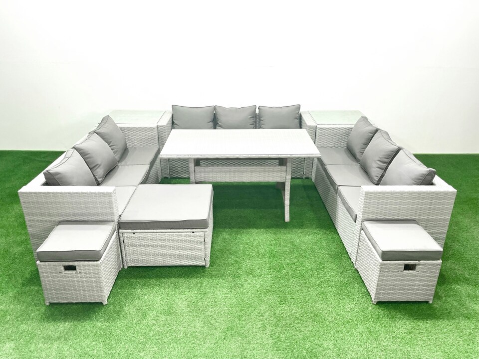 image 1 of Fimous Rattan Garden Outdoor Furniture Set 12 Seater Garden Sofa Rectangulr Dining Table Set with 3 Footstools 2 Side Tables Light Grey Mixed