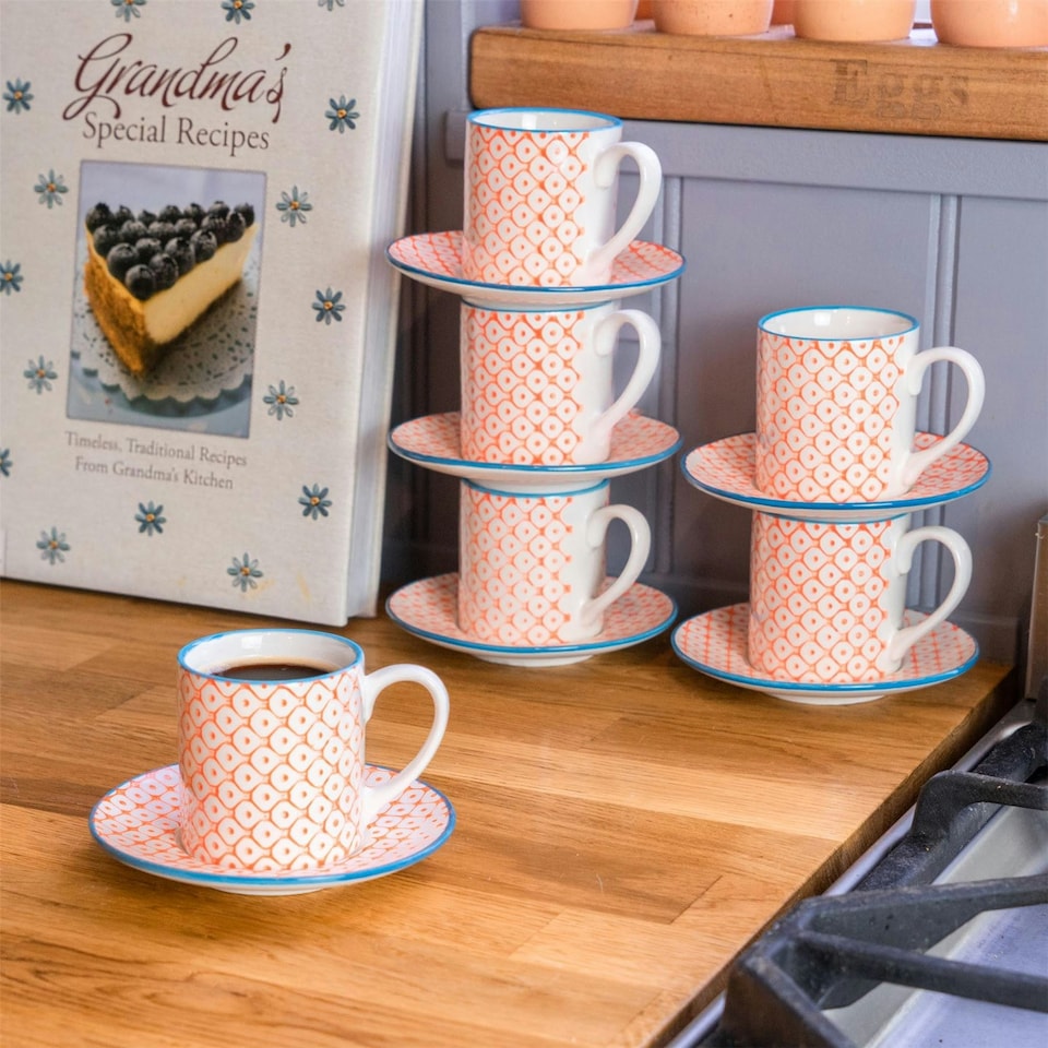 image 1 of Nicola Spring 12 Piece Hand-Printed Espresso Cup & Saucer Set - 65ml - Orange Orange
