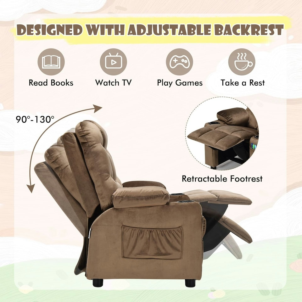 image 1 of COSTWAY Kids Recliner Chair Velvet Adjustable Sofa Chair Coffee Brown
