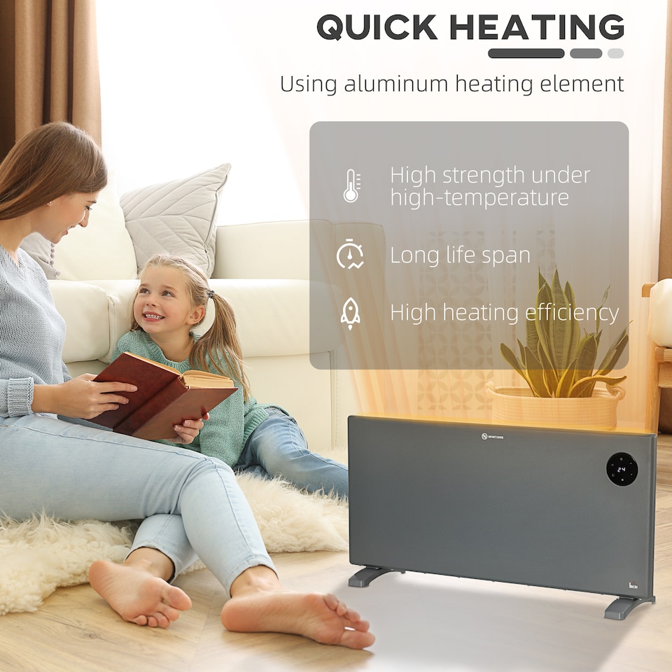 image 1 of HOMCOM 2000W Electric Panel Heater, Freestanding or Wall Mounted, Convector Heater with LED Display, Open Window Detection, Timer, Overheat Protection, Remote Control, Grey