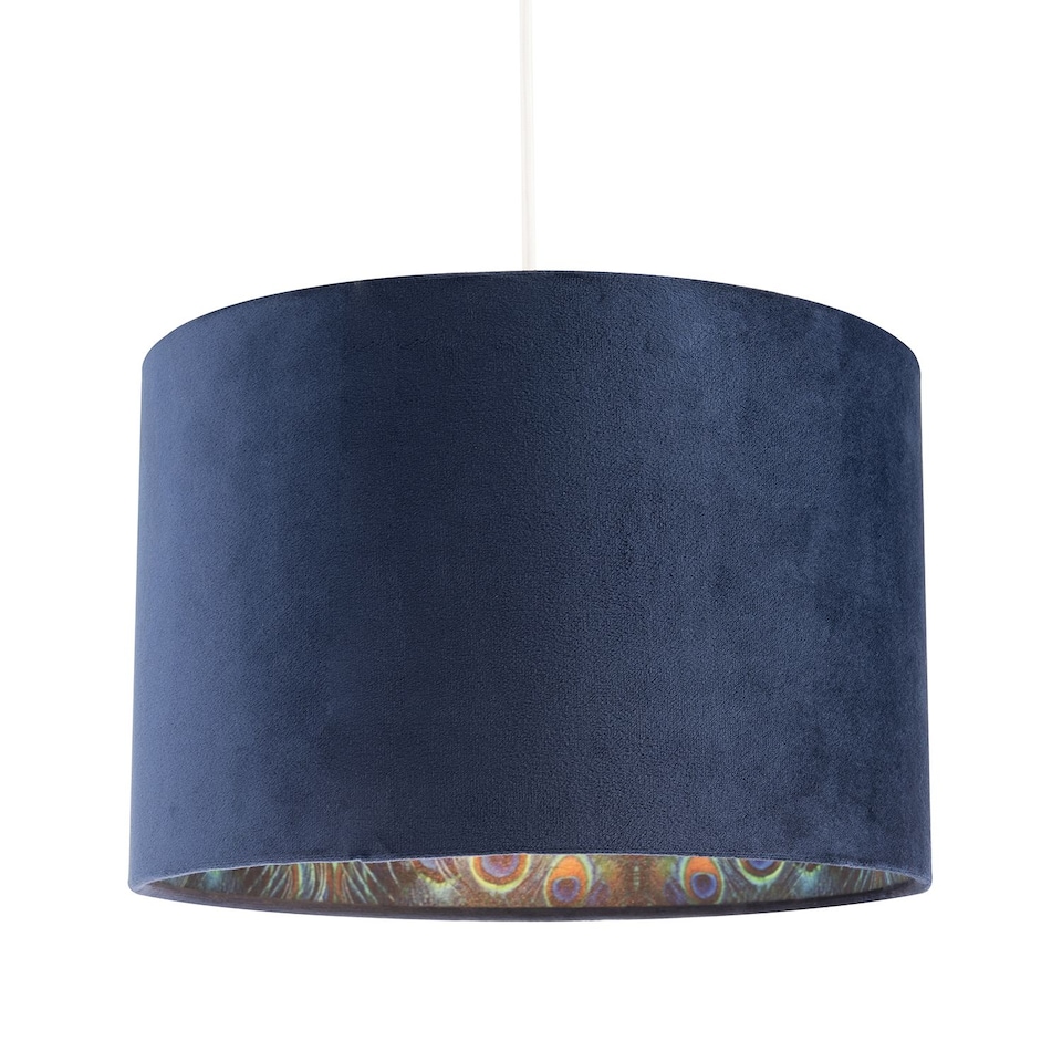 image 1 of Midnight Blue Velvet Lamp Shade with Colourful Peacock Feather Inner | Blue | Midnight Blue | 1