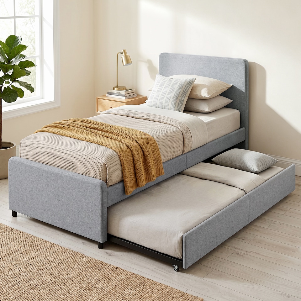 image 1 of HOMCOM 90 x 190 cm Upholstered Single Bed, Pull Out Trundle Bed