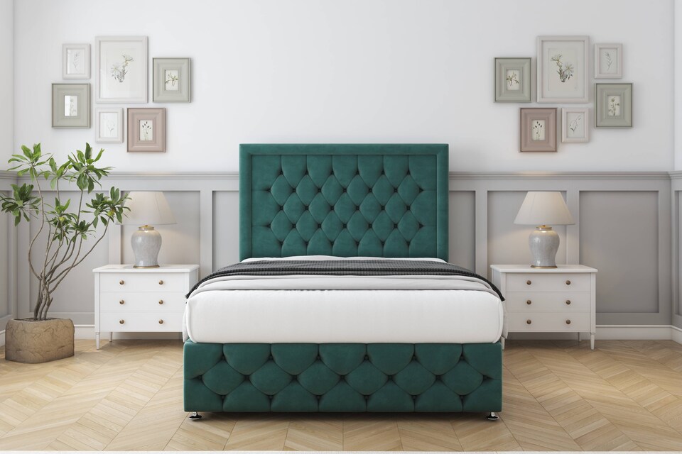 image 1 of Sloomy Vienna Emerald Plush Divan Bed Base 2 Drawers Right Side With 26 Inch Strutted Headboard & 12 Inch Matching Footboard | Green | Emerald | Small Double | 1