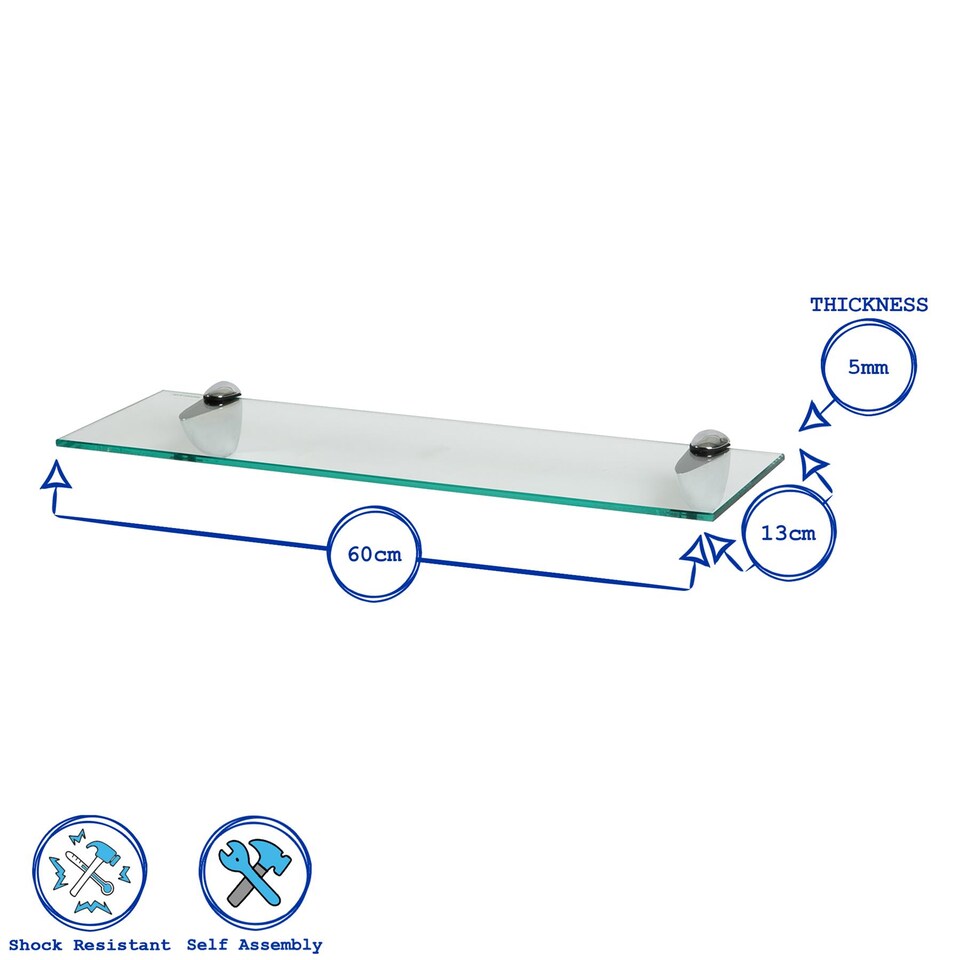 image 1 of Harbour Housewares Floating Glass Shelf - 60cm - Metallic Brackets - Bathroom Shower Storage Vanity Display Unit Shelf | Silver | Chrome | 6