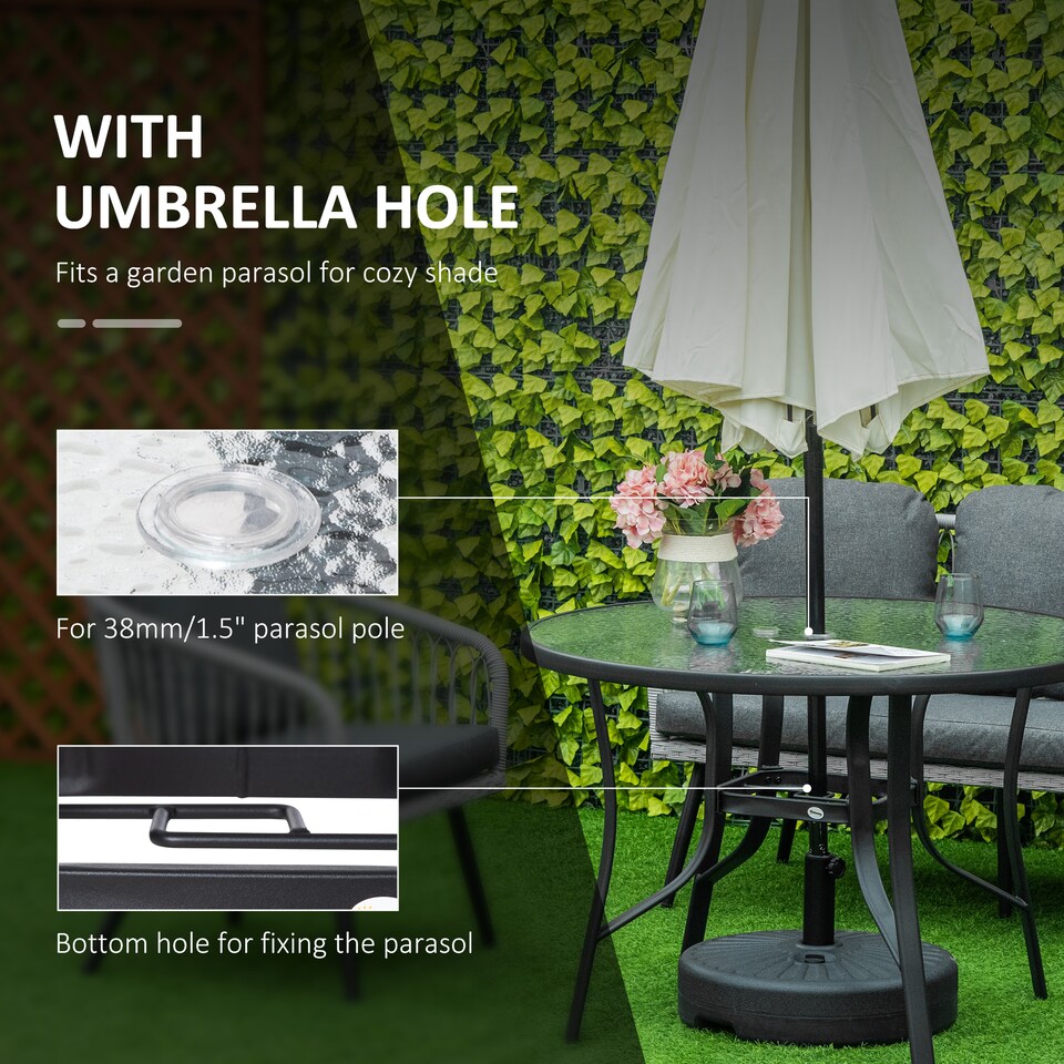 image 1 of Outsunny 106cm Round Garden Dining Table with Parasol Hole Tempered Glass Top Steel Frame