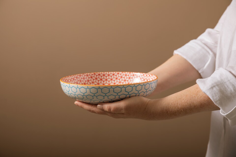 image 1 of Mikasa Set of 4 Blue Geometric Stoneware Pasta Bowls