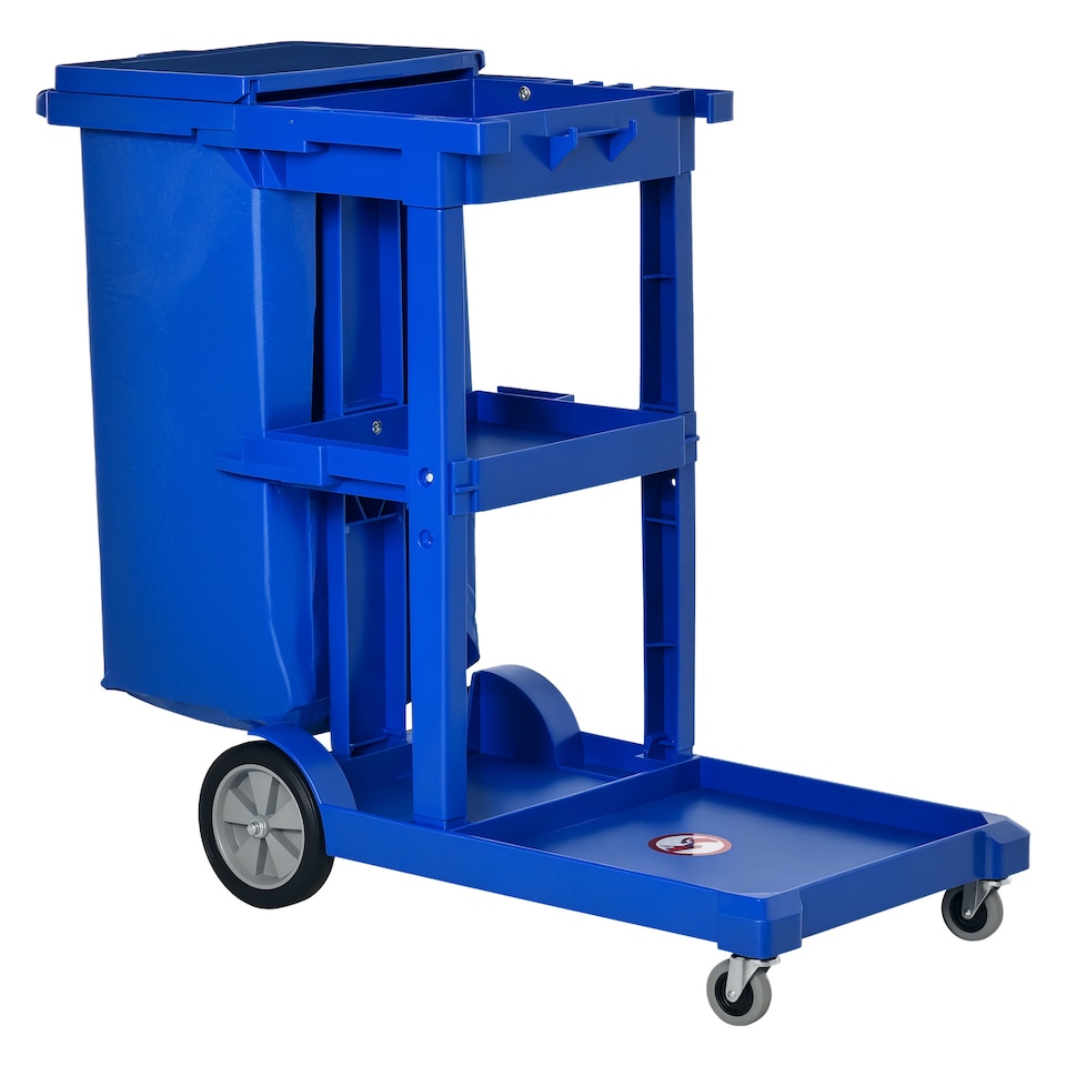 image 1 of HOMCOM Cleaning Carts On Wheels, Janitorial Trolley with 3 Tier Shelves, Housekeeping Utility Service Unit with Rubbish Bag and Mop Mount for Hotel, Office, Blue
