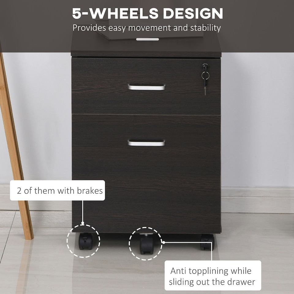 image 1 of Vinsetto 2-Drawer Locking Office Filing Cabinet 5 Wheels Rolling Storage Brown