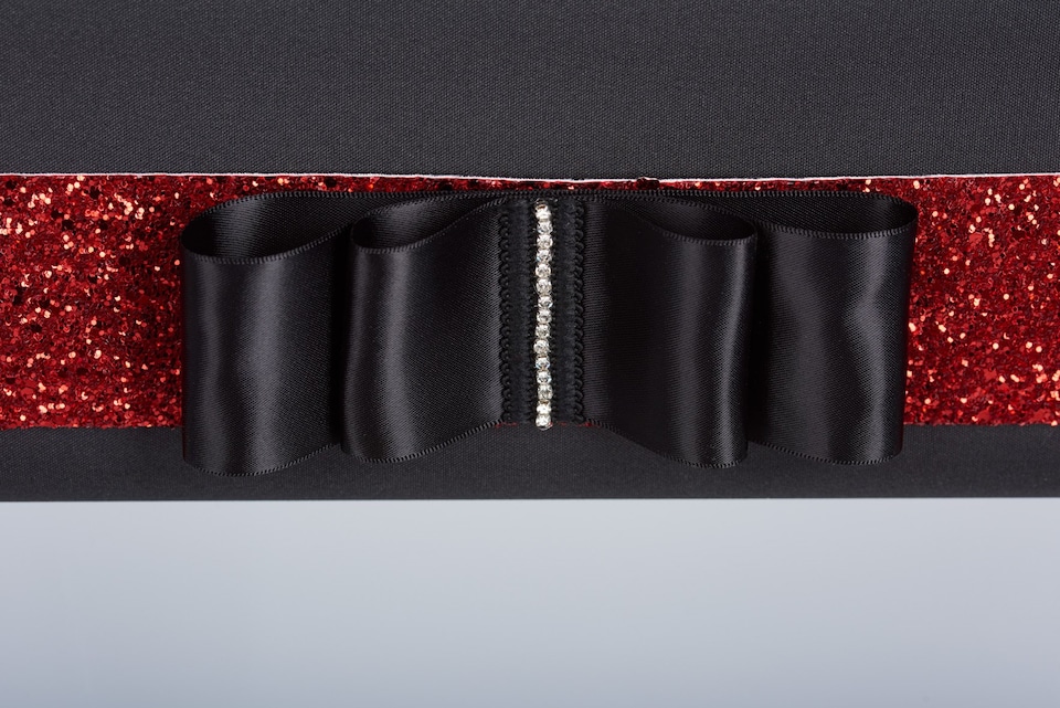 image 1 of FURNISHED Blackout Roller Blind with Red Glitter Trim and Black Bow Trimmable Window Shade | Black | Black 1 | (W) 205cm x (L) 210cm