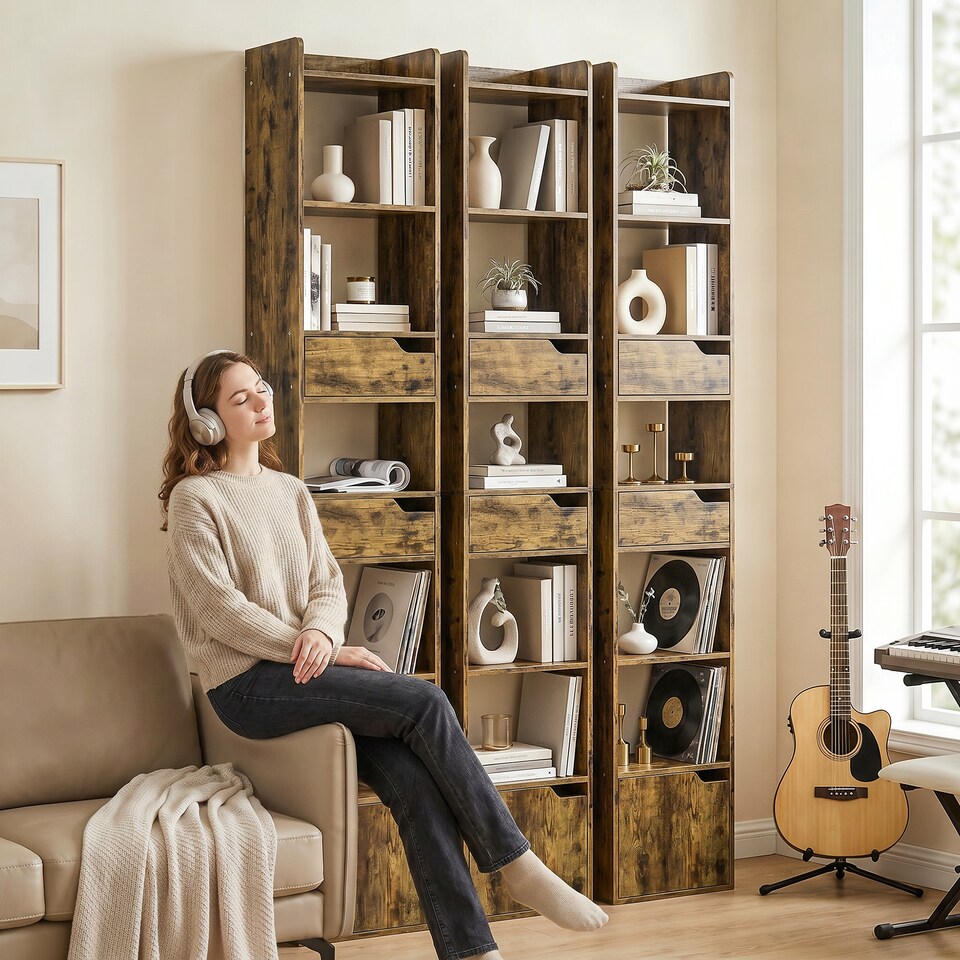 image 1 of HOMCOM Bookcase Tall Narrow with 5 Tiers Drawers