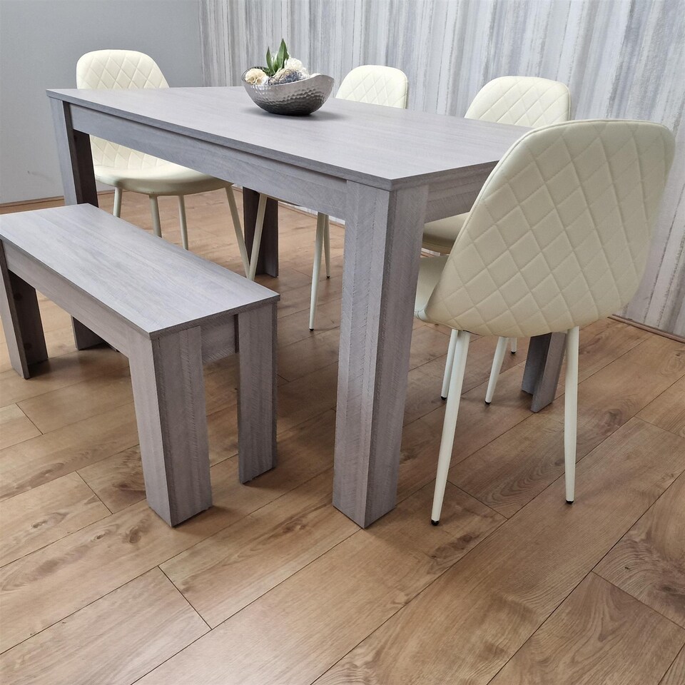 image 1 of Modern Grey Rectangle Dining Table Set With 4 Cream Gem Chairs And 1 Bench Dining Room Furniture | Cream | One Size | 6