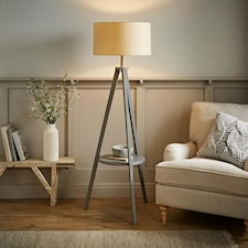ValueLights Morrigan Natural Shade Grey Wood Tripod Floor Lamp | Cream